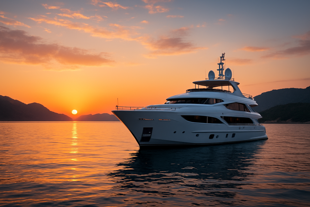 A luxurious yacht moored in calm waters at sunset, surrounded by mountains.