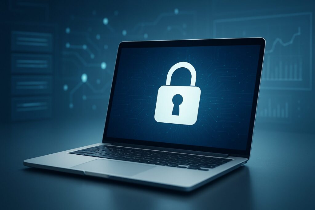 A laptop displaying a lock icon representing cybersecurity