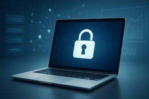 A laptop displaying a lock icon representing cybersecurity