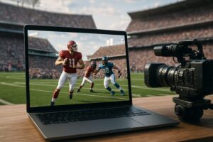A laptop showing a football game on the screen with stadium in the background