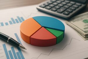 Colorful pie chart on a financial document, alongside a calculator and cash, indicating financial planning.