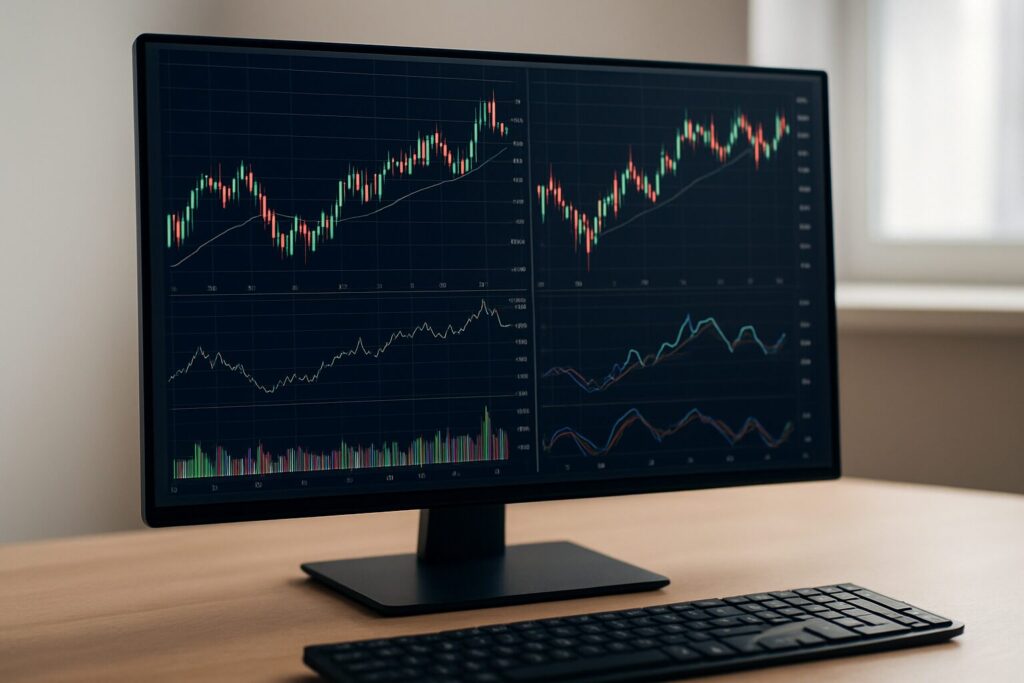 A close-up view of a desktop monitor displaying trading charts with various financial graphs and indicators.