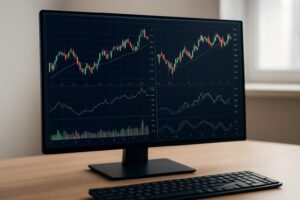 A close-up view of a desktop monitor displaying trading charts with various financial graphs and indicators.