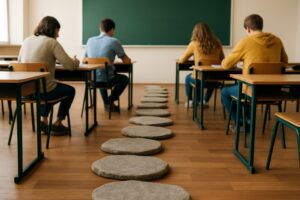 Students sitting at desks in a classroom with stepping stones leading towards the blackboard